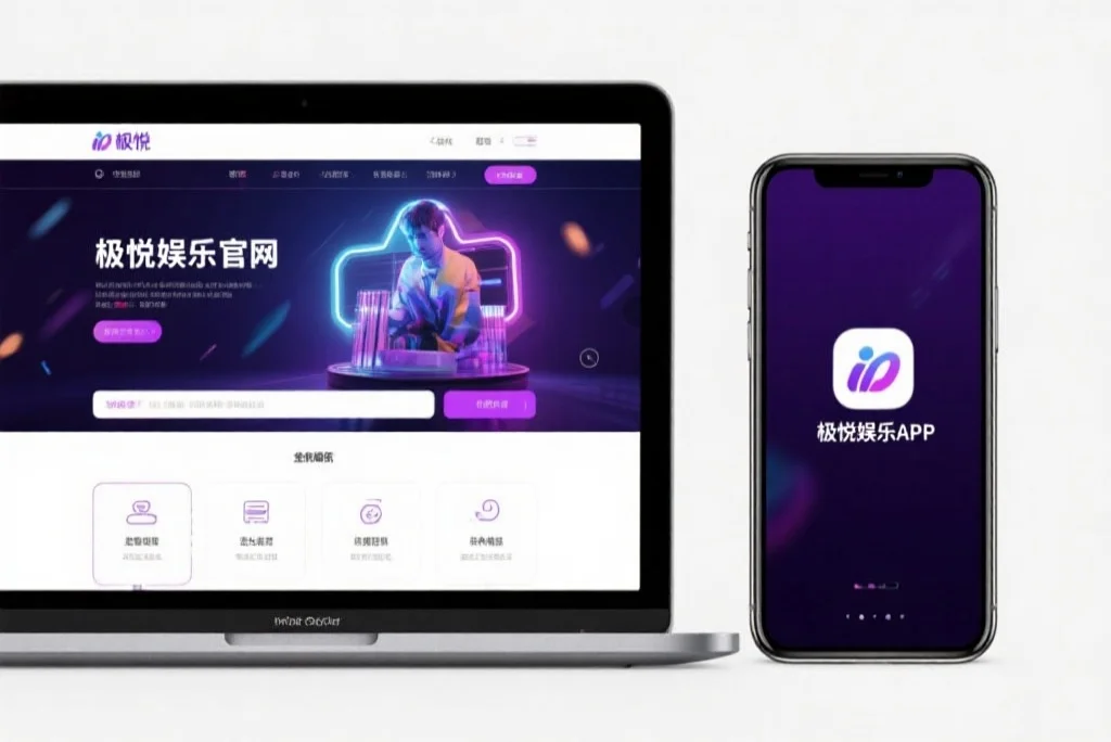 一台笔记本电脑屏幕上显示着天启娱乐官网的界面，旁边是一部手机显示着天启娱乐APP，两者并列对比